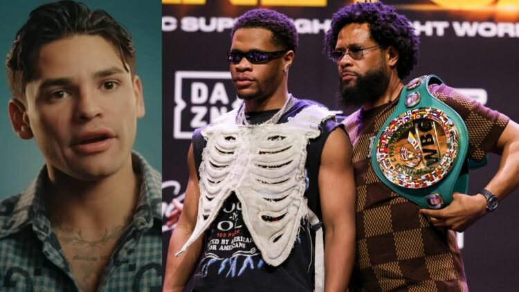 Ryan Garcia (l) speaking. Devin Haney (centre) and Bill Haney (r) pose for a picture while Bill holds the WBC belt