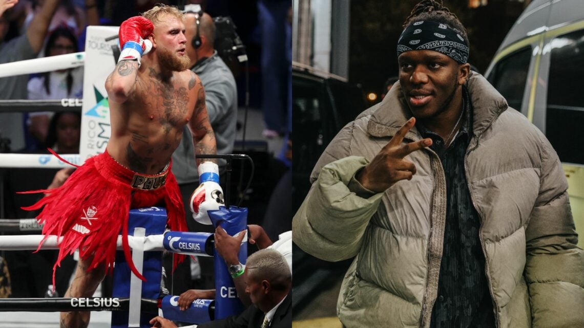 Jake Paul (l) celebrates winning a boxing match. KSI (l) flashes a peace sign while walking into an arena