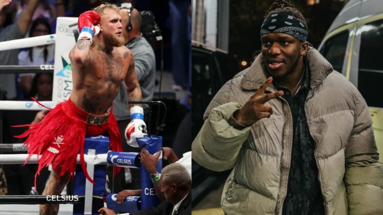Jake Paul (l) celebrates winning a boxing match. KSI (l) flashes a peace sign while walking into an arena