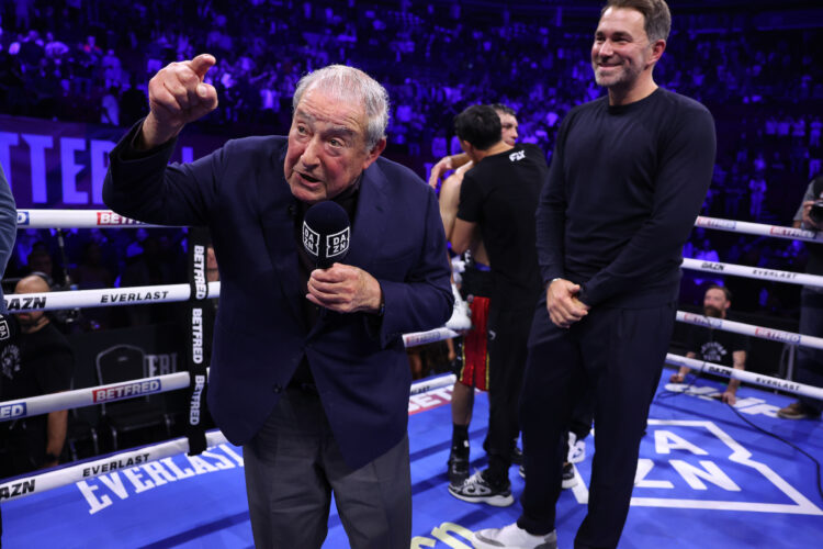 Promoter Bob Arum protests in the ring after Jack Catterall vs Josh Taylor, with Eddie Hearn laughing in the background
