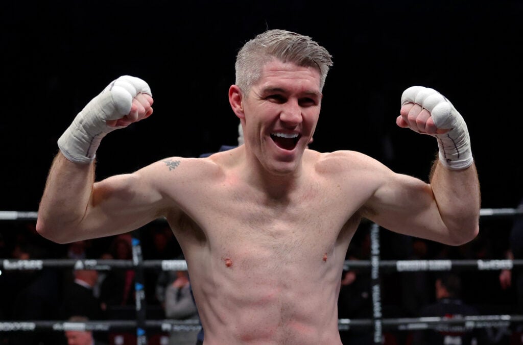 Liam Smith celebrates defeating Chris Eubank Jr