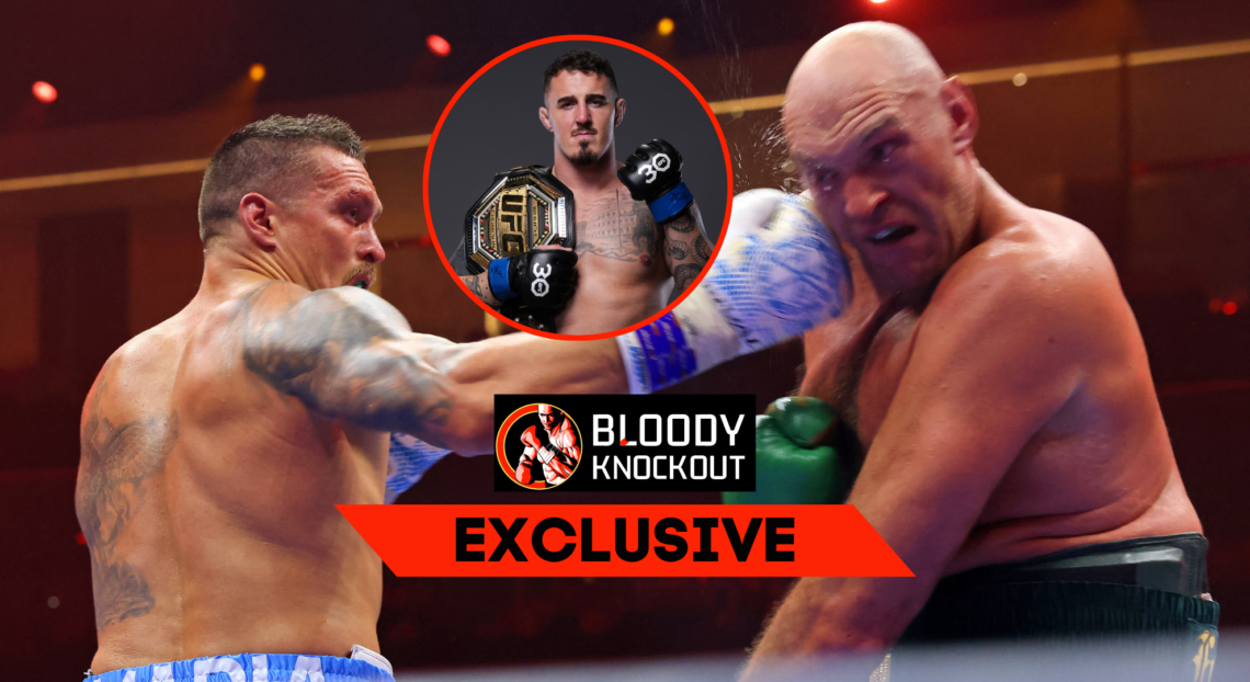 Composite image showing Oleksandr Usyk punching Tyson Fury, along with a bubble that has UFC champion Tom Aspinall