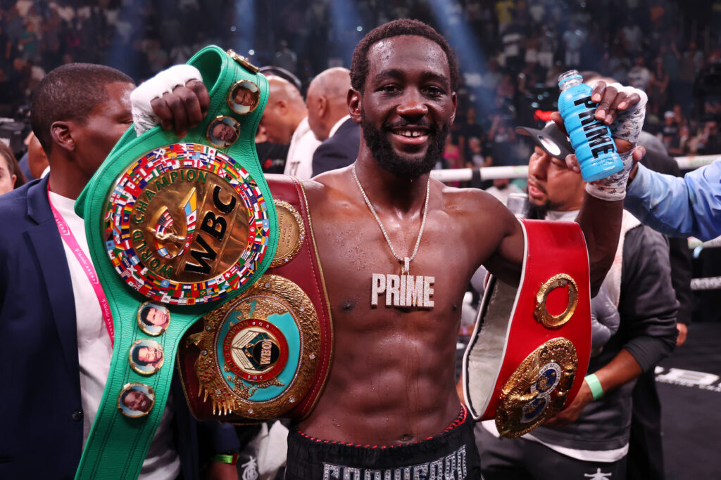 Terence Crawford celebrates defeating Errol Spence Jr.