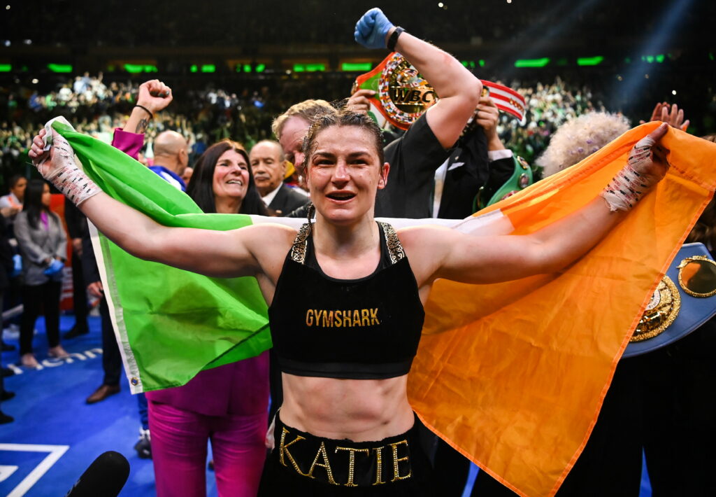 Katie Taylor celebrates with Irish flag