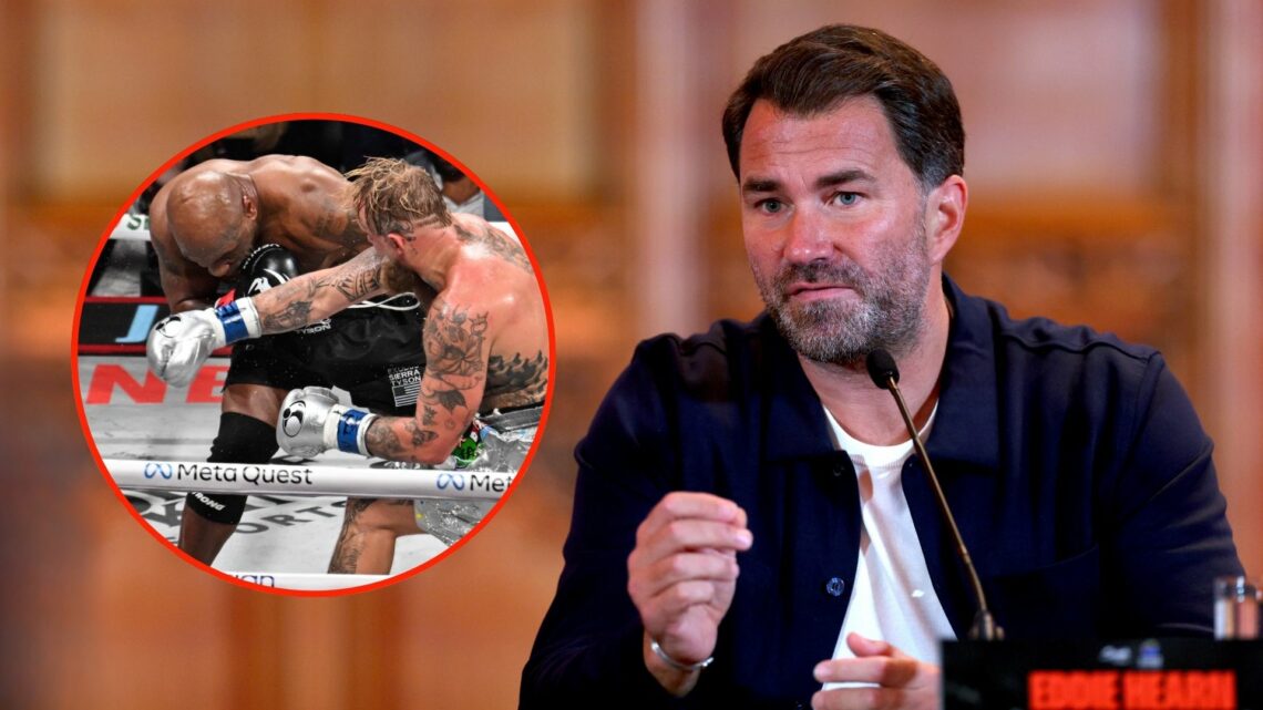 Eddie Hearn, Chairman of Matchroom Sport, speaks to the media. Inset, Paul VS Tyson.
