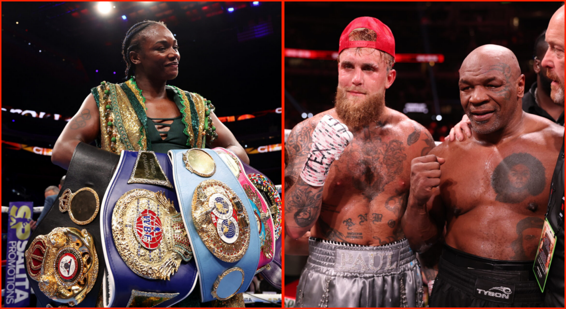 Side by side of Claressa Shields after fighting Maricela Cornejo and Jake Paul alongside Mike Tyson