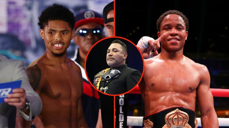 Shakur Stevenson and Floyd Schofield with a middle bubble image of Oscar De La Hoya.