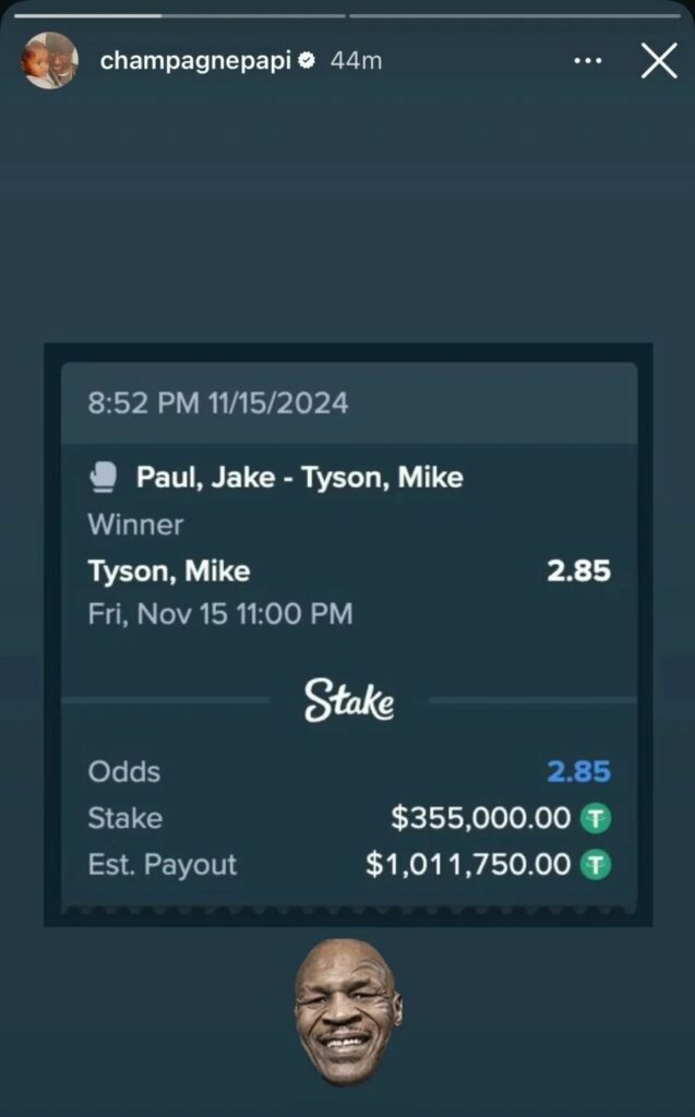 Drake betslip for Jake Paul vs Mike Tyson