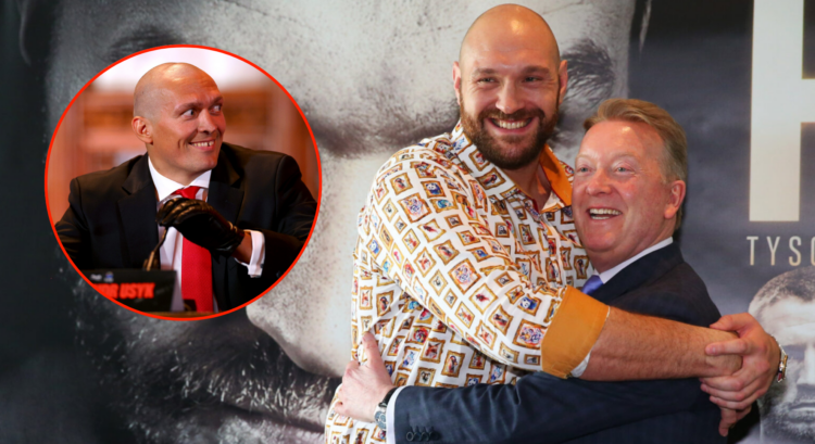 Pop out of Frank Warren and Tyson Fury embracing n 2018 and Oleksandr Usyk at the pre-fight press conference