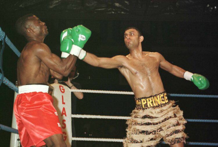 16 Mar 1996:  Prince Naseem Hamed knocks down Said Lawal twice in the first 35 seconds before the referee stops the fight during the Prince Naseem ...