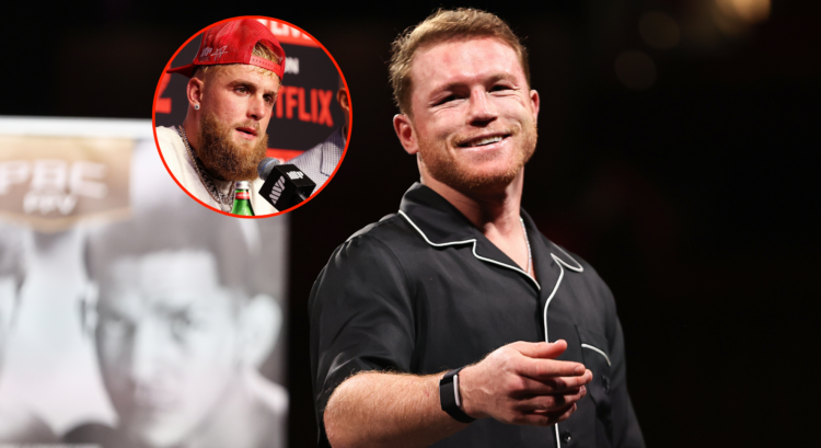 Main photo shows Canelo Alvarez laughing, Bubble shows Jake Paul at a press conference