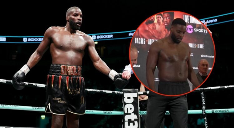 Lawrence Okolie mid-fight and making weight for heavyweight debut