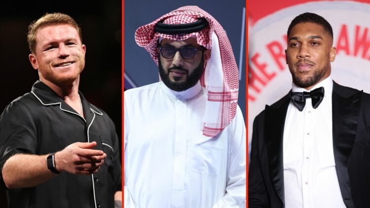 Canelo Alvarez (left) Turki Alalshikh (middle) and Anthony Joshua (right)