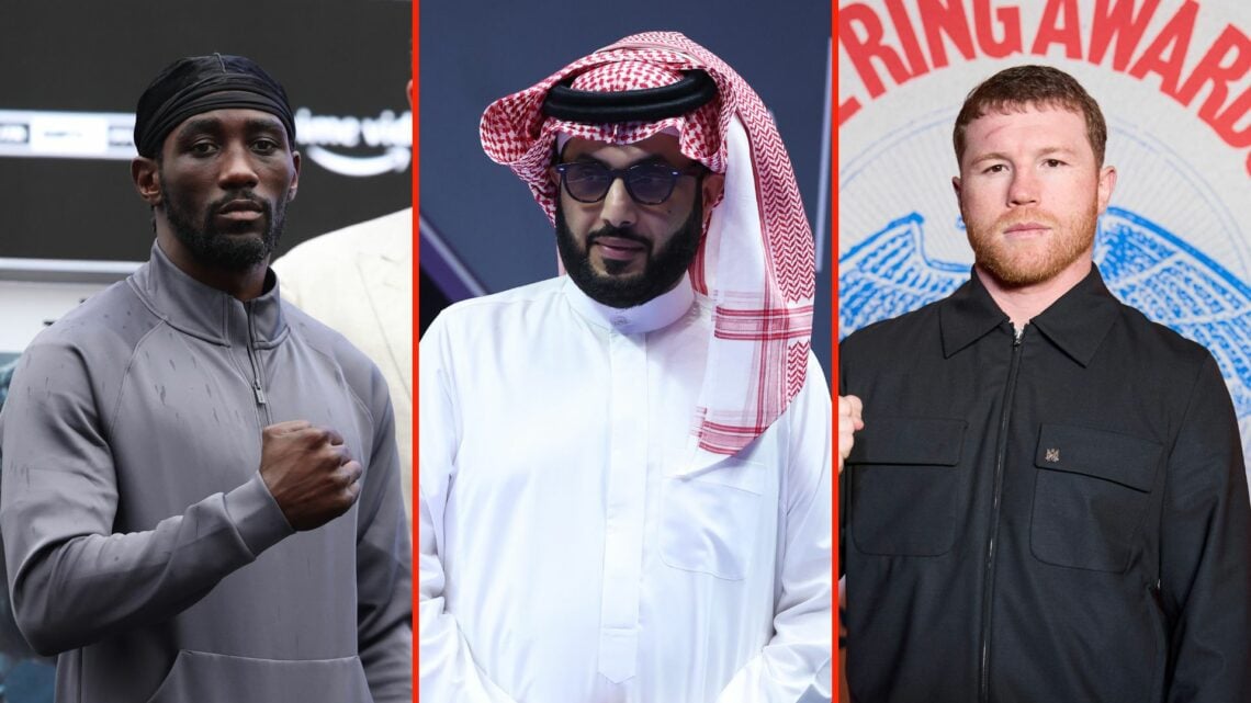 Terence Crawford (left) Turki Alalshikh (middle) and Canelo Alvarez (right)