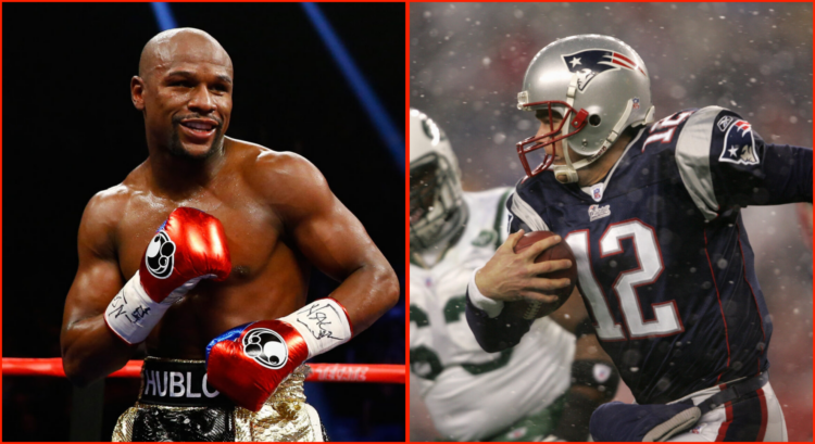 Side by side of Floyd Mayweather vs Manny Pacquiao and Tom Brady during New York Jets v New England Patriots in 2005