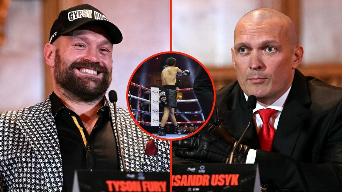 Tyson Fury (left), Oleksandr Usyk (right). Inset, Moses Itauma after scoring a KO.
