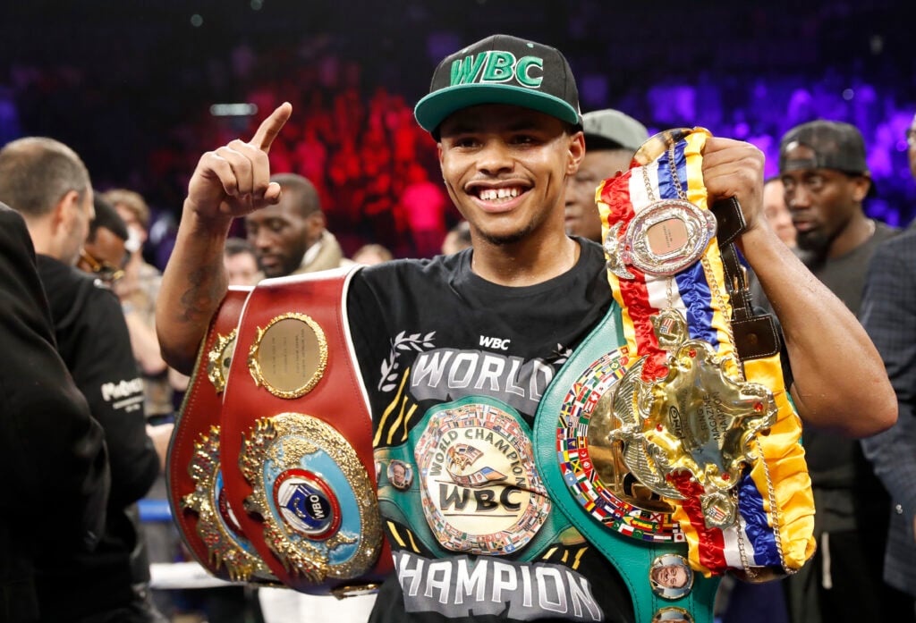 Shakur Stevenson celebrates defeating Oscar Valdez