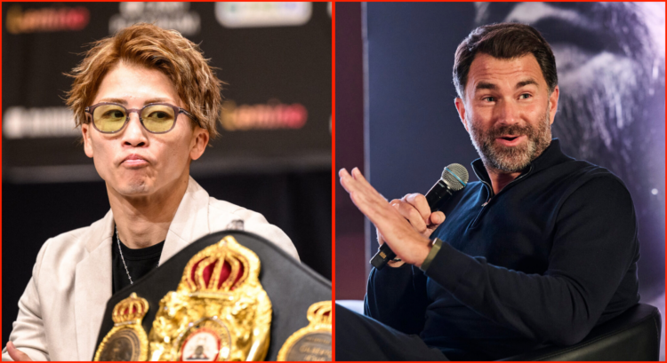 Split image of Eddie Hearn at Matchroom's Pat Brown Press Conference and Naoya Inoue at the Kim press conference