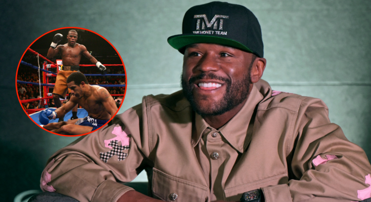Image of Floyd Mayweather, inset image of Mayweather and Sharmba Mitchell