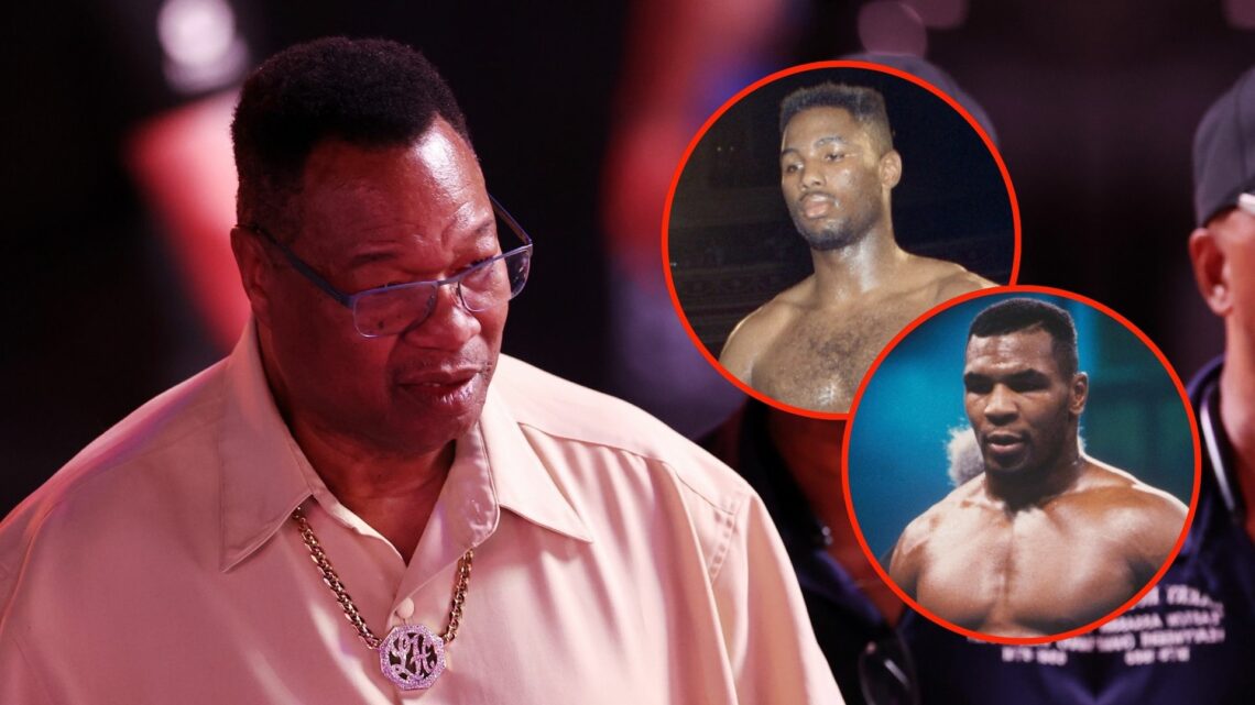 Larry Holmes. Inset, Mike Tyson and Lennox Lewis.