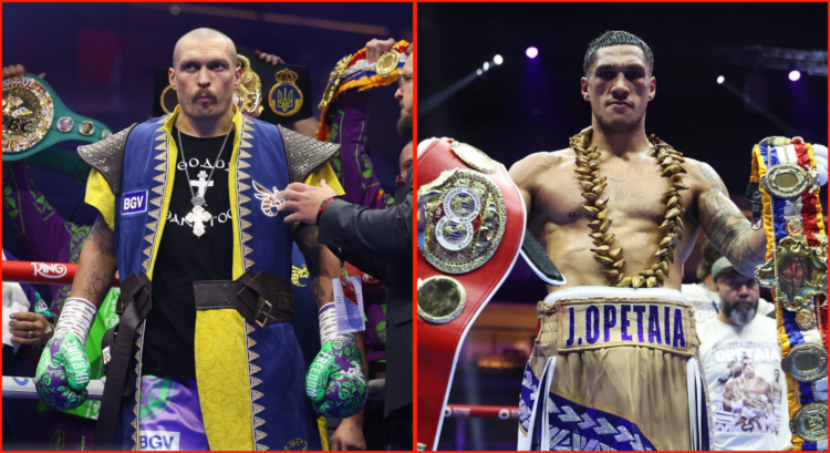 Side by side of Oleksandr Usyk (vs Fury 2) and Jai Opetaia at Artur Beterbiev v Dimitry Bivol: Riyadh Season - IV Crown Showdown