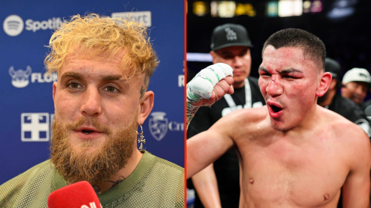 Split image of Jake Paul during an interview and Vergil Ortiz Jr. celebrating after a fight