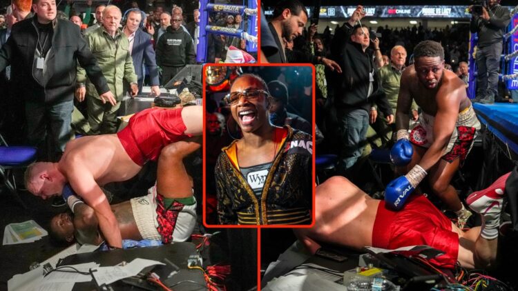 Split image of Brandon Moore and Skylar Lacy, falling out of the ring and then returning to it. Inset, Claressa Shields.