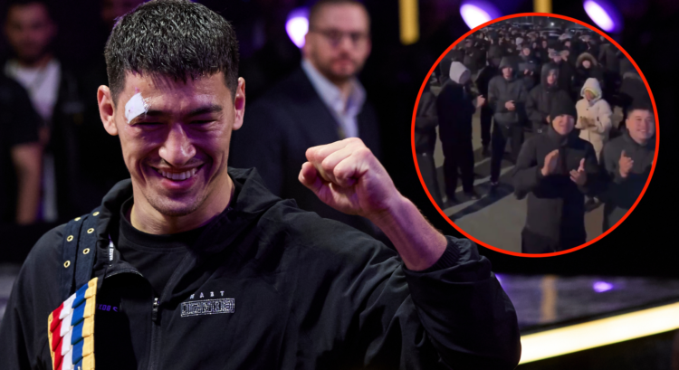 Image of Dmitry Bivol, inset fans in Kyrgyzstan celebrating Bivol's rematch win