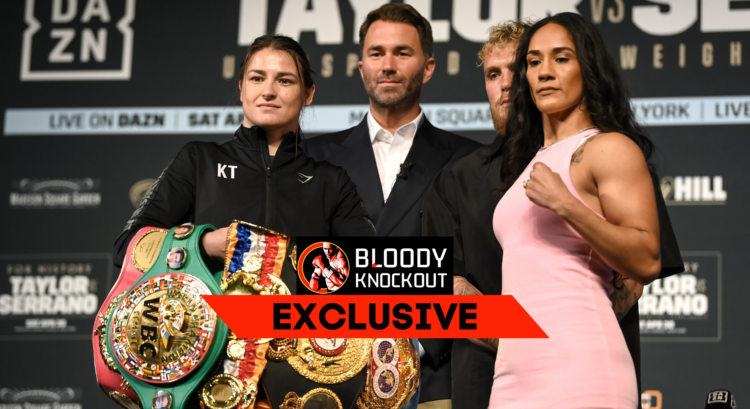 Katie Taylor and Amanda Serrano pose with Eddie Hearn and Jake Paul between them