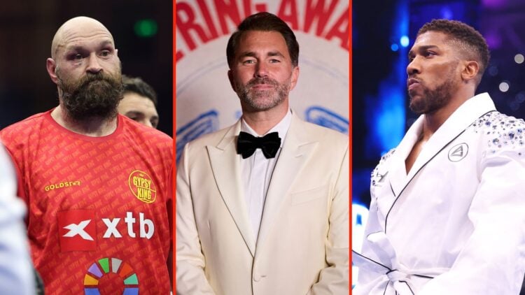 Split image of Tyson Fury reacting to the judges' point decision, Eddie Hearn attending the Ring Awards, and Anthony Joshua looking on as he enters...
