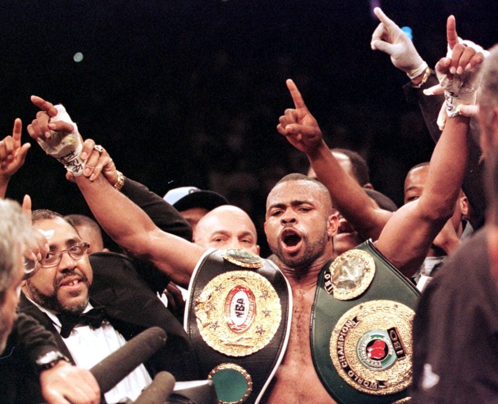 Roy Jones Jr. celebrating a win over Richard Hall