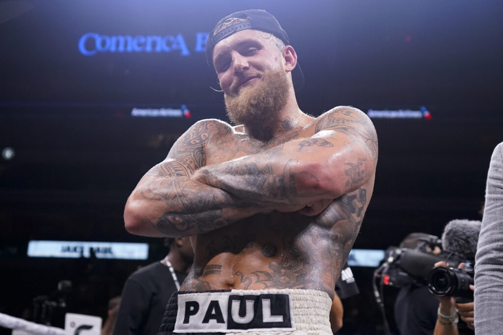 Jake Paul poses after beating Nate Diaz