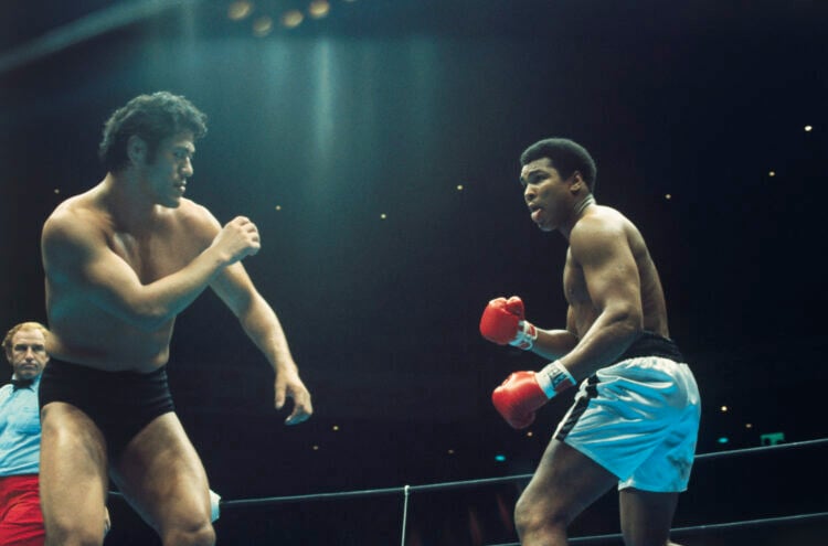(Original Caption) The Wrestling-Boxing Exhibition Fight between Muhammad Ali and Japanese wrestler Antonio Inoki. Ali and Inoki fought 15-rounds e...