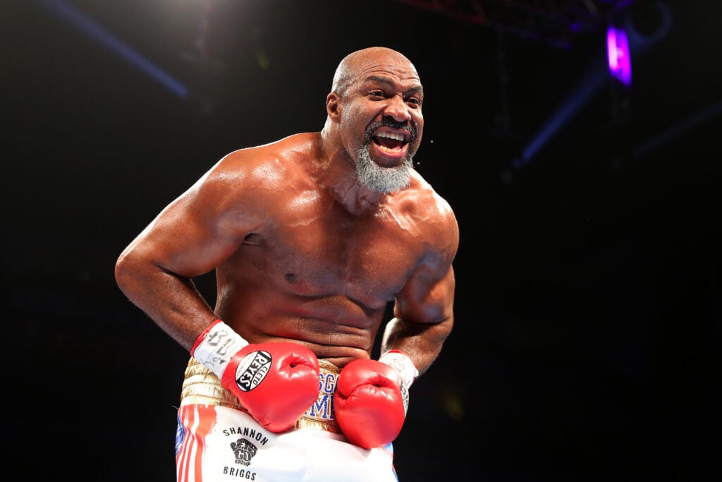 Shannon Briggs celebrates after defeating Ezequiel Zarate