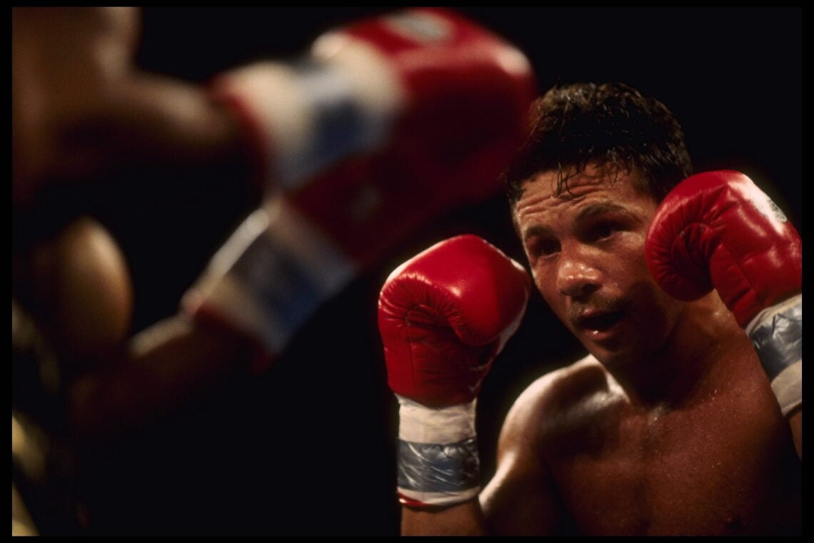 25 Jun 1995:  Boxer Vinny Pazienza defends against the punches of opponent Roy Jones Jr. Jones retained his International Boxing Federation Super m...