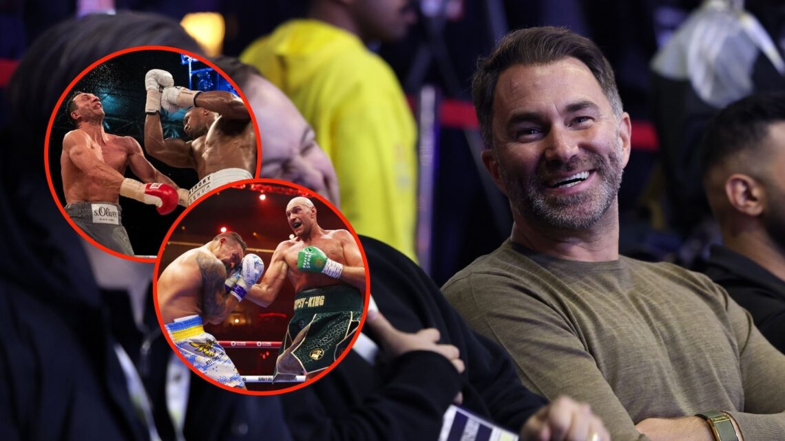 Eddie Hearn with boxing manager Lee Eaton during the open workouts as part of Beterbiev v Bivol 2: The Last Crescendo. Inset, Anthony Joshua delive...