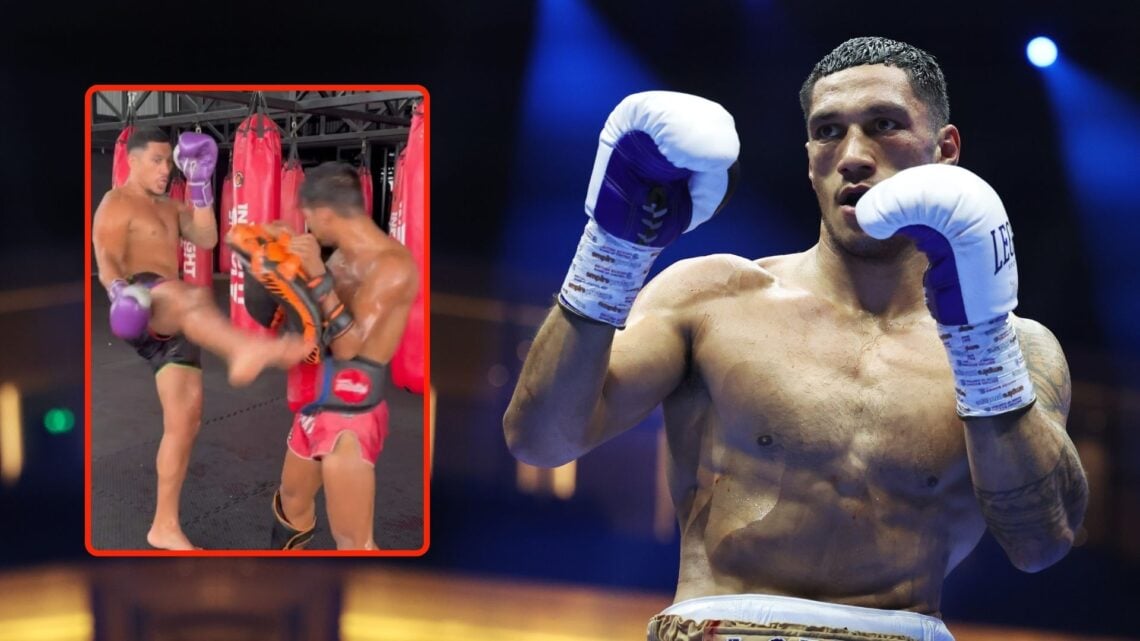 Jai Opetaia looks on during the IBF World Cruiserweight title fight between Jai Opetaia and Jack Massey. Inset, Opetaia kicks the pads.