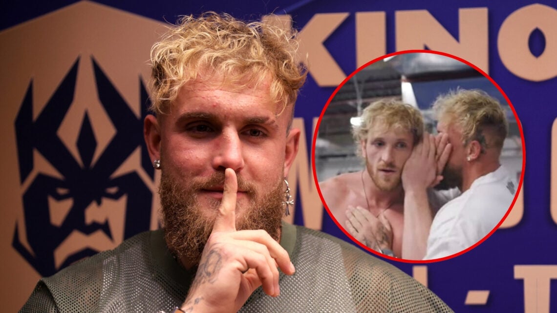 Jake Paul shows a shushing sign at the Kings League world cup nations final match between Brazil and Colombia with an inset of Jake Paul whispering...
