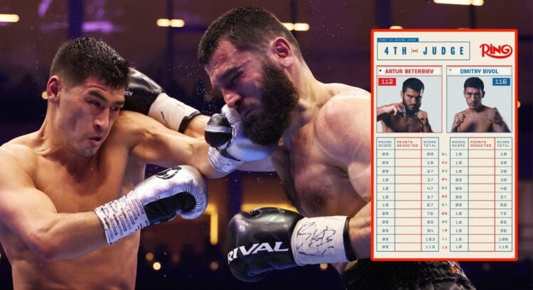 Image of Dmitry Bivol vs Artur Beterbiev. Inset, AI boxing judge scorecard