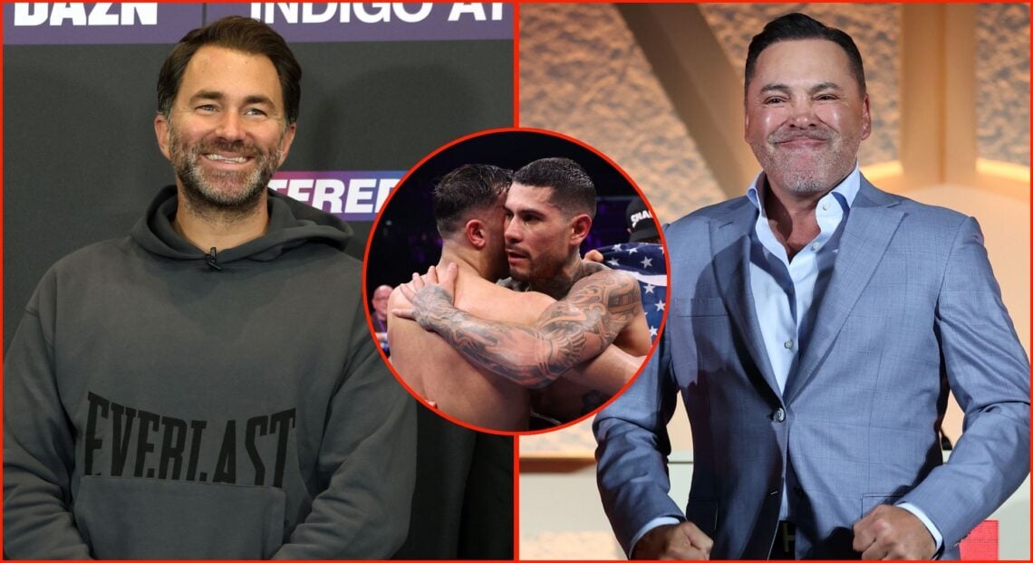 Split image of Eddie Hearn and Oscar De La Roya. Inset, Catterall vs Barboza