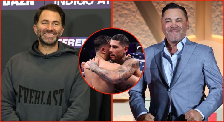 Split image of Eddie Hearn and Oscar De La Roya. Inset, Catterall vs Barboza