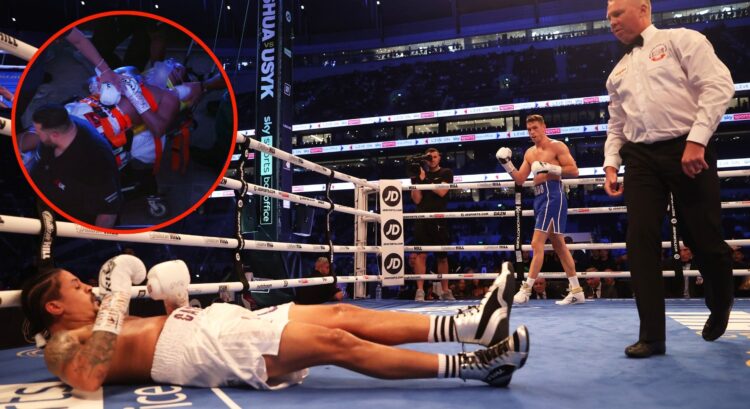 Image of Callum Smith stopping Lenin Castillo. Inset, Castillo being stretchered out