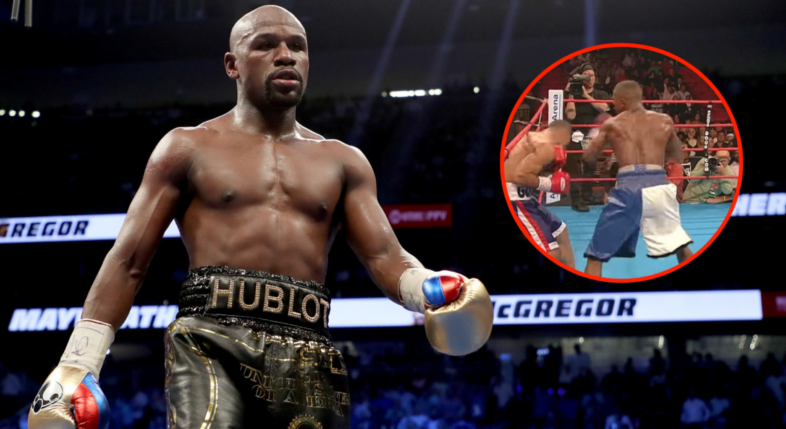 Image of Floyd Mayweather after defeating Conor McGregor, inset Mayweather vs. Henry Bruseles
