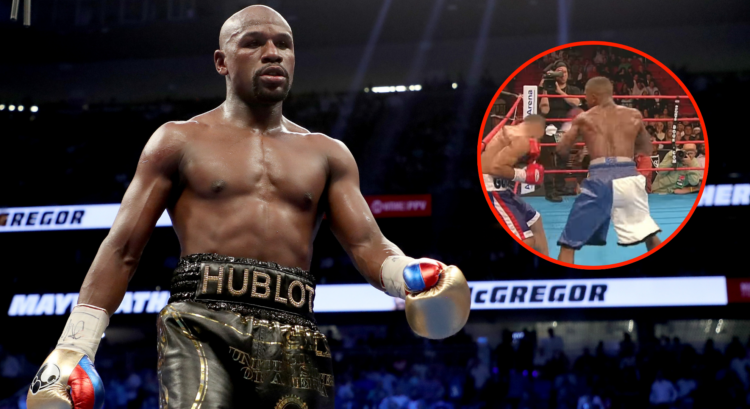 Image of Floyd Mayweather after defeating Conor McGregor, inset Mayweather vs. Henry Bruseles