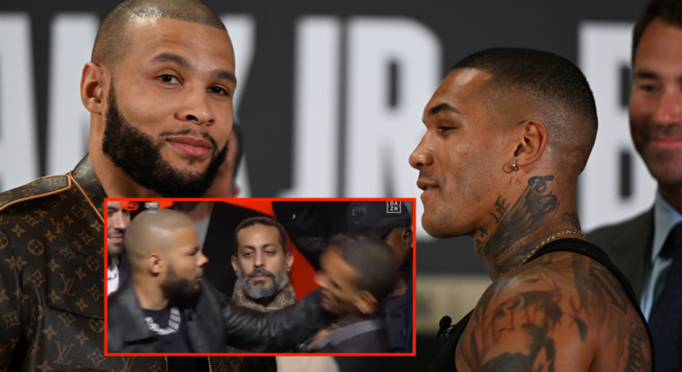 Chris Eubank Jr. and Conor Benn during their 2022 press conference staredown, pop out image of Eubank slapping Benn.