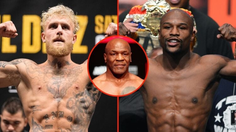 Split image of Floyd Mayweather Jr posing on the scale, and Jake Paul posing. Inset, Mike Tyson at a weigh-in.
