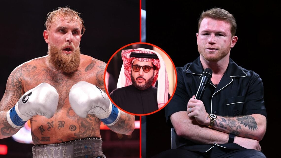 Split image of Jake Paul and Canelo Alvarez. Inset, Turki Alalshikh.