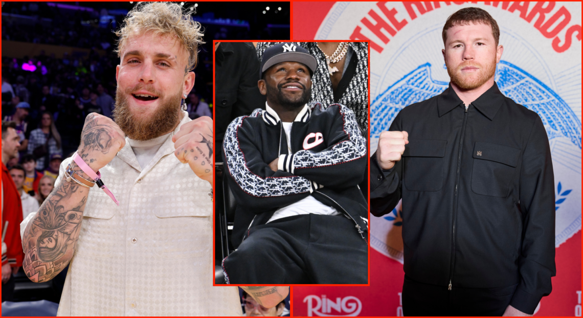 Split image of Jake Paul and Canelo Alvarez with an inset of Floyd Mayweather
