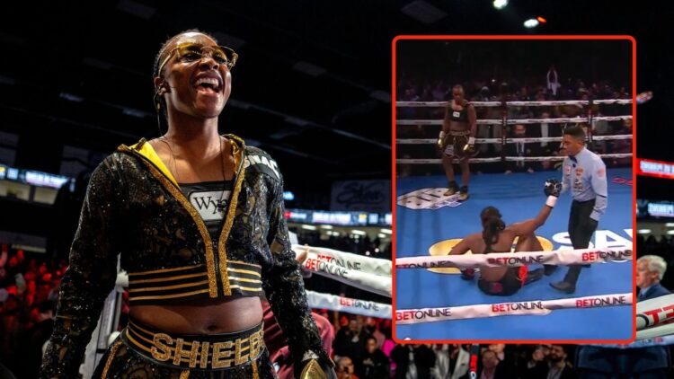 Claressa Shields arrives for her undisputed heavyweight title bout. Inset, screenshot from the broadcast showing Danielle Perkins going down.