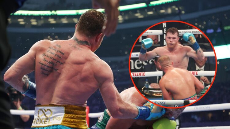 Canelo Alvarez punches Billy Joe Saunders during their fight for Alvarez's WBC and WBA super middleweight titles. Inset, an alternate angle from th...